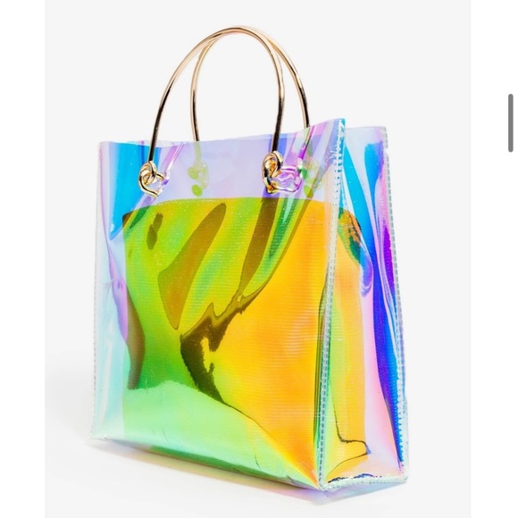 Handbags - Mirrored clear rainbow iridescent handbag mini tote gold handles festival bag